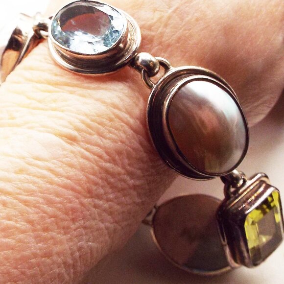 MASSIVE CITRINE & BLUE TOPAZ GEMS & MOBE PEARLS BEZEL SET STERLING BRACELET 30 - Picture 4 of 6